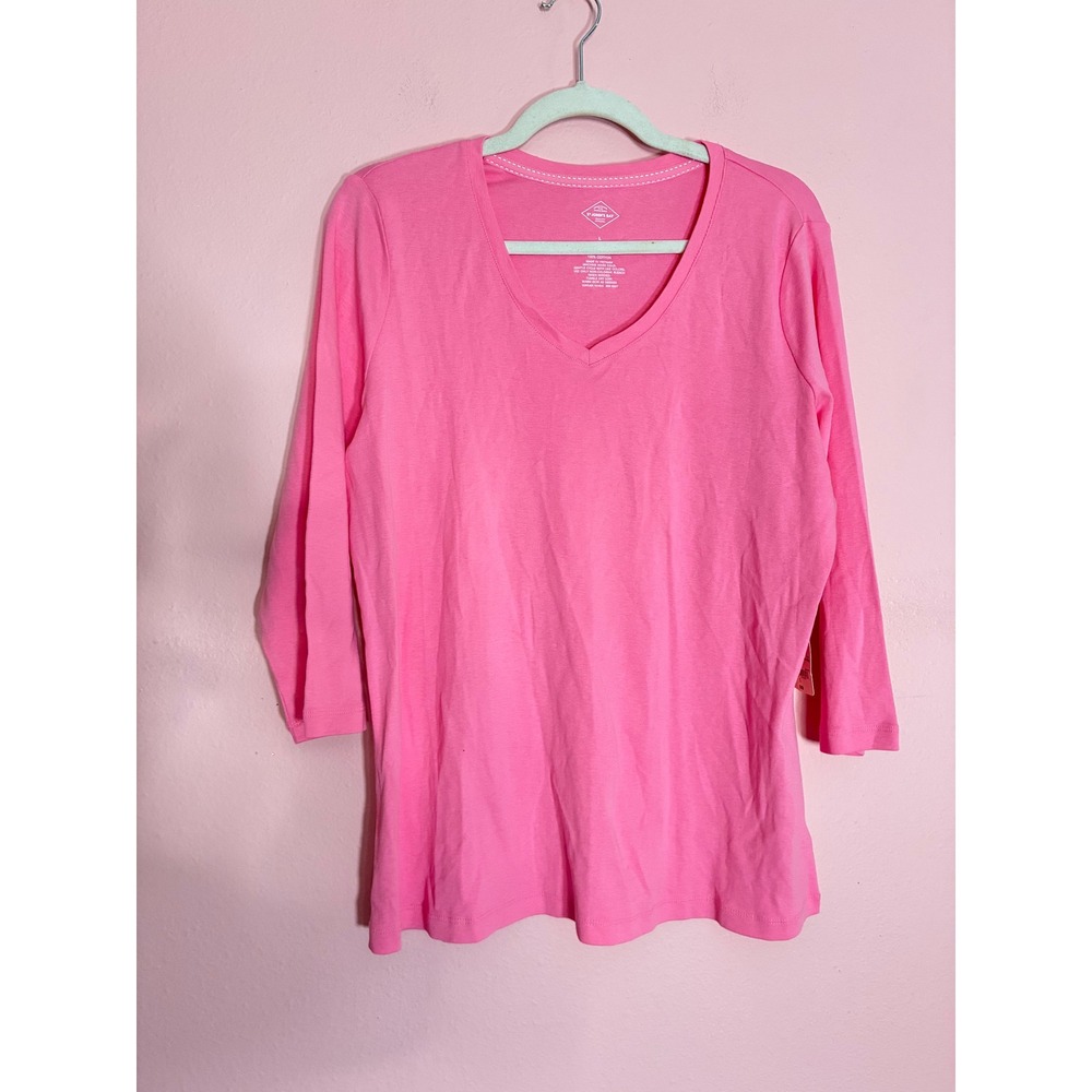 St Johns Bay Large Pink V Neck 3/4 Sleeve Cotton Top Shirt NWT